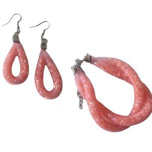 Mesh Twisted Dangle Earrings And Bracelet-Light Peach Mesh Jewelry Set